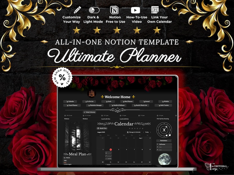 May include: A digital planner template displayed on a laptop screen, featuring a dark theme with a calendar and meal plan sections. The image is surrounded by red roses and gold decorative elements. Text includes "Ultimate Planner."