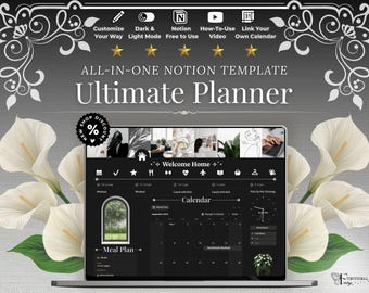 That Girl Aesthetic Notion Planner Template Dark Mode | All-in-One Life Dashboard | Goal, Habit and Wellness Tracker | Digital Productivity