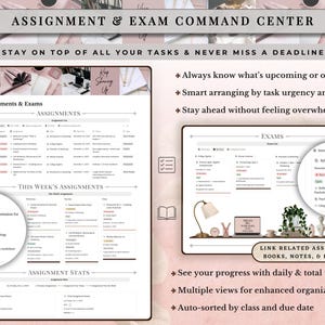 Academic Notion Planner for Students, Aesthetic All-in-One University, College Dashboard for ADHD Productivity,  Ultimate School Template, All-In-One Academic Dashboard, Classes Overview, Color-Coded, Academic Calendar (Weekly + Monthly), Assignments & Exams Tracker, Notes System for Vocabulary and Essays, Study Materials Hub for Lectures, Grades & GPA Smart Dashboard, Goals Page, Habit Tracker, Shopping List, Important Links Hub, Light & Dark Mode Compatible, Automatic Sync Across Devices