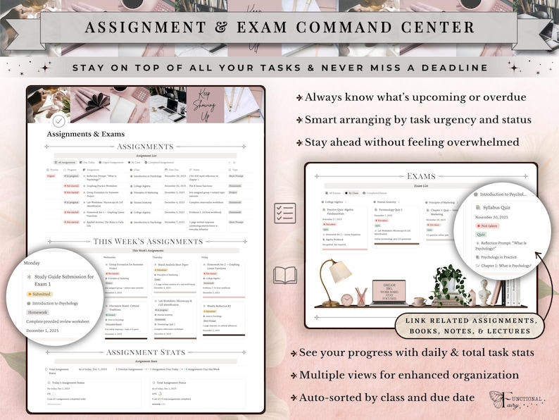 Academic Notion Planner for Students, Aesthetic All-in-One University, College Dashboard for ADHD Productivity,  Ultimate School Template, All-In-One Academic Dashboard, Classes Overview, Color-Coded, Academic Calendar (Weekly + Monthly), Assignments & Exams Tracker, Notes System for Vocabulary and Essays, Study Materials Hub for Lectures, Grades & GPA Smart Dashboard, Goals Page, Habit Tracker, Shopping List, Important Links Hub, Light & Dark Mode Compatible, Automatic Sync Across Devices