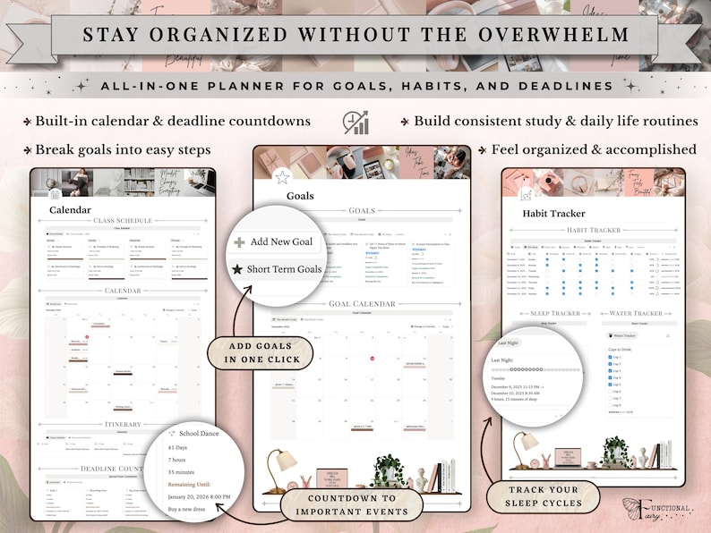 Academic Notion Planner for Students, Aesthetic All-in-One University, College Dashboard for ADHD Productivity,  Ultimate School Template, All-In-One Academic Dashboard, Classes Overview, Color-Coded, Academic Calendar (Weekly + Monthly), Assignments & Exams Tracker, Notes System for Vocabulary and Essays, Study Materials Hub for Lectures, Grades & GPA Smart Dashboard, Goals Page, Habit Tracker, Shopping List, Important Links Hub, Light & Dark Mode Compatible, Automatic Sync Across Devices