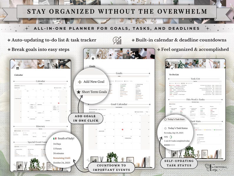 That Girl Aesthetic Notion Life Planner Template, Clean Girl All-in-One Dashboard, Second Brain ADHD Productivity & Self Care, Light and dark mode compatibility, Yearly & Monthly Calendar with Daily Itinerary, Travel Planner & Itinerary, Habit Tracker, Special Event Countdown, Daily To-Do List & Goal Tracker, Meal Planner + Grocery List + Micro/Macro Tracker + Recipe Bank, Wellness & Workout Tracker, Journal Section , Photo Album, Wishlist Pages, Wardrobe Manager, Books, TV & Movie Watchlist