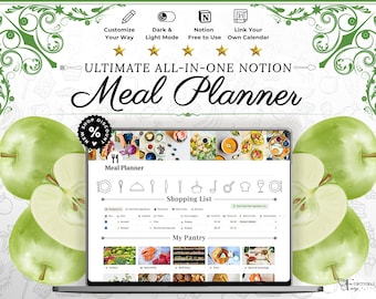 Digital Meal Planner Notion Template | Meal Planner Digital | Weekly Meal Planner & Meal Prep Planner | Calorie Tracker + Recipe Organizer