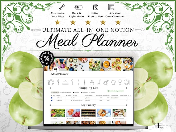 Digital Meal Planner Notion Template | Meal Planner Digital | Weekly Meal Planner & Meal Prep Planner | Calorie Tracker + Recipe Organizer
