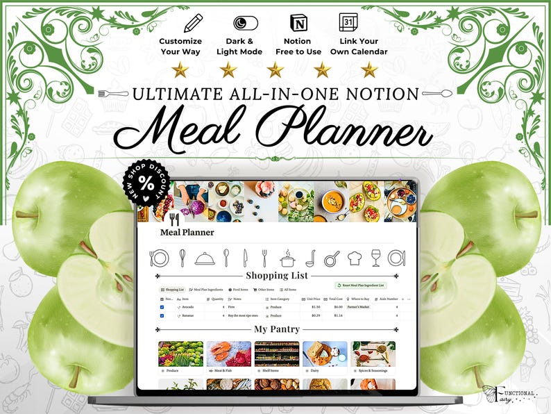 May include: A laptop screen shows a meal planner interface, including shopping list and pantry sections. The image is framed by green apples and decorative flourishes. Text includes "ULTIMATE ALL-IN-ONE NOTION Meal Planner."
