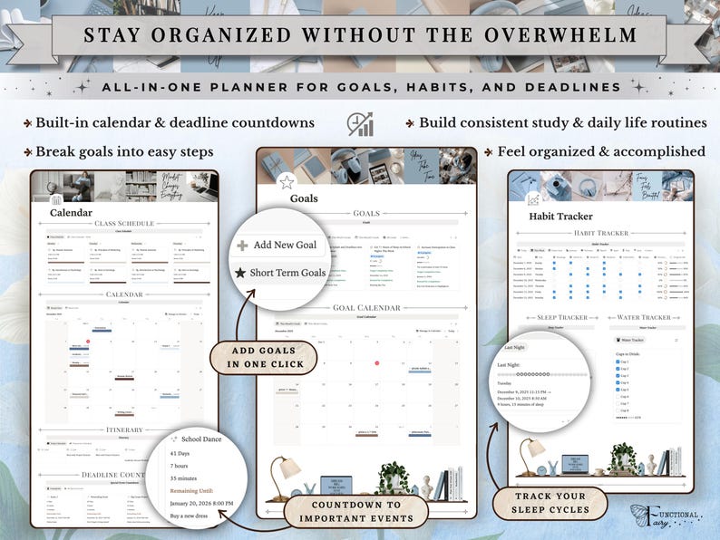 Academic Notion Planner for Students, Aesthetic All-in-One University, College Dashboard for ADHD Productivity,  Ultimate School Template, All-In-One Academic Dashboard, Classes Overview, Color-Coded, Academic Calendar (Weekly + Monthly), Assignments & Exams Tracker, Notes System for Vocabulary and Essays, Study Materials Hub for Lectures, Grades & GPA Smart Dashboard, Goals Page, Habit Tracker, Shopping List, Important Links Hub, Light & Dark Mode Compatible, Automatic Sync Across Devices