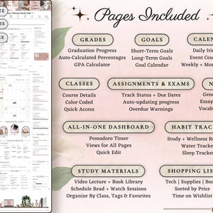 Academic Notion Planner for Students, Aesthetic All-in-One University, College Dashboard for ADHD Productivity,  Ultimate School Template, All-In-One Academic Dashboard, Classes Overview, Color-Coded, Academic Calendar (Weekly + Monthly), Assignments & Exams Tracker, Notes System for Vocabulary and Essays, Study Materials Hub for Lectures, Grades & GPA Smart Dashboard, Goals Page, Habit Tracker, Shopping List, Important Links Hub, Light & Dark Mode Compatible, Automatic Sync Across Devices