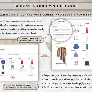 Notion wardrobe manager, outfit planner, digital closet organizer and wishlist included inside an all in one Notion life planner template. Organize clothing, keep track of wardrobe pieces, plan outfits and save fashion wishlists from a neutral aesthetic Notion dashboard. This customizable digital planner also combines calendars, goals, habits, wellness, meals, travel, journaling and productivity tools, creating a complete Notion planner for lifestyle and everyday life organization.