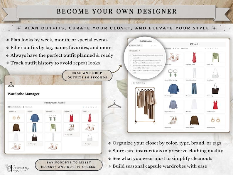 Notion wardrobe manager, outfit planner, digital closet organizer and wishlist included inside an all in one Notion life planner template. Organize clothing, keep track of wardrobe pieces, plan outfits and save fashion wishlists from a neutral aesthetic Notion dashboard. This customizable digital planner also combines calendars, goals, habits, wellness, meals, travel, journaling and productivity tools, creating a complete Notion planner for lifestyle and everyday life organization.