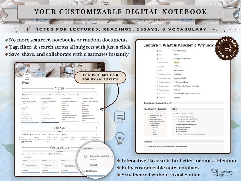 Academic Notion Planner for Students, Aesthetic All-in-One University, College Dashboard for ADHD Productivity,  Ultimate School Template, All-In-One Academic Dashboard, Classes Overview, Color-Coded, Academic Calendar (Weekly + Monthly), Assignments & Exams Tracker, Notes System for Vocabulary and Essays, Study Materials Hub for Lectures, Grades & GPA Smart Dashboard, Goals Page, Habit Tracker, Shopping List, Important Links Hub, Light & Dark Mode Compatible, Automatic Sync Across Devices