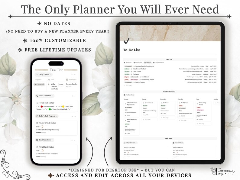 10. Notion task manager, daily to do list and productivity planner inside an all in one Notion life planner template. Organize daily tasks, priorities, reminders, routines, schedules and personal goals from one neutral aesthetic Notion dashboard. This customizable digital life planner helps manage tasks, goals, habits and everyday organization across desktop, laptop, tablet and mobile devices, with automatic syncing so your Notion planner stays accessible wherever you plan.