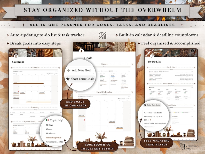 Cozy Autumn Notion Planner Template | Fall Aesthetic Life Dashboard | All in One Digital Organizer for Goals, Habit and Self Care Tracking