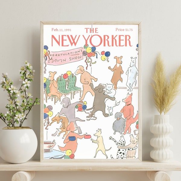 Pink 90s New Yorker Magazine Cover | Dog Cartoon Art | Retro Dog Wall Decor | Whimsical Pet Illustration | Dog Lover Gift | Soft Pink Poster