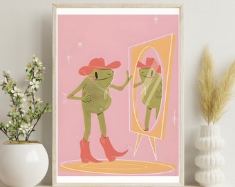 Pink Cowgirl Frog Poster | Western Nursery Art Print | Cute Howdy Printable Wall Decor | Cute Frog Illustration | Soft Pink Vibes