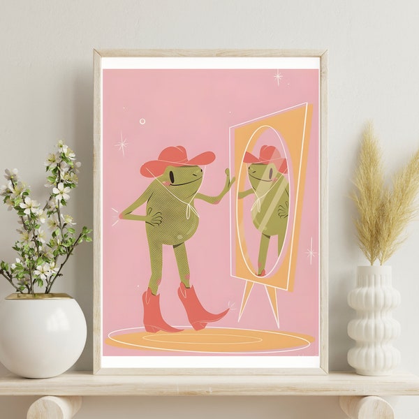 Pink Cowgirl Frog Poster | Western Nursery Art Print | Cute Howdy Printable Wall Decor | Cute Frog Illustration | Soft Pink Vibes