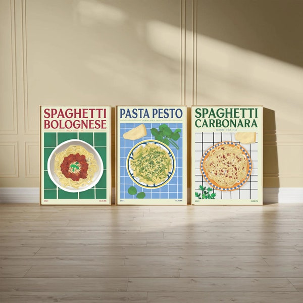 Italienische Pasta Kunstdruck 3er Set | Pesto, Spaghetti Bolognese | Trendige Küchenwandgalerie | Druckbares Digitales Poster Set | Feinschmecker-Geschenk