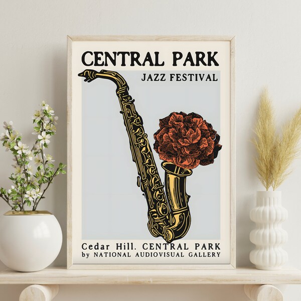 Central Park Jazz Festival Poster | NYC Music Wall Art | Digital Download Printable | Vintage Saxophone Illustration | Jazz Decor Print