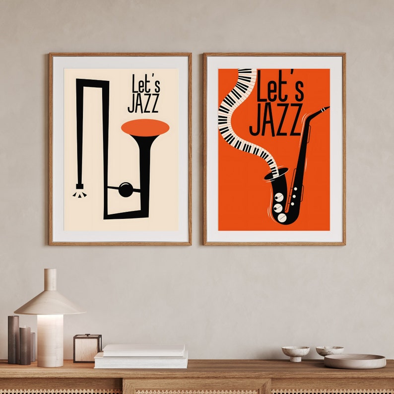 Jazz Wall Art Printable Set of 2 Sax and Trumpet Poster Set Retro Music
