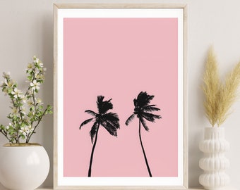 Poster digitale stampabile minimalista rosa palma, arte della parete tropicale, stampa preppy di foglie di palma, arte botanica, decorazione della parete rosa, download digitale