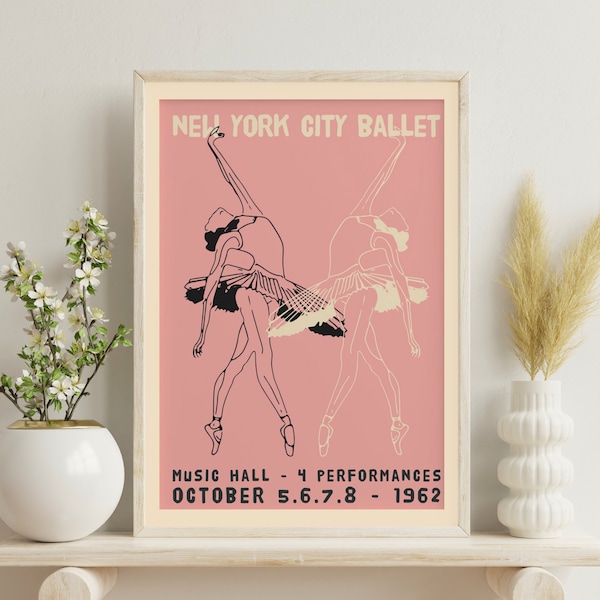 Vintage NYC Ballet Poster | Pink Ballet Wall Art | 1960s Dance Print | New York City Ballet Decor | Retro Ballerina Art | Printable Poster