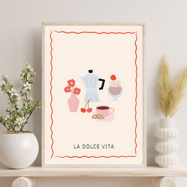 Cute Italian Kitchen Wall Art, La Dolce Vita Print, Retro Italian Kitchen Decor, Digital Download, Mocha Pot Poster, Italian Cafe Decor