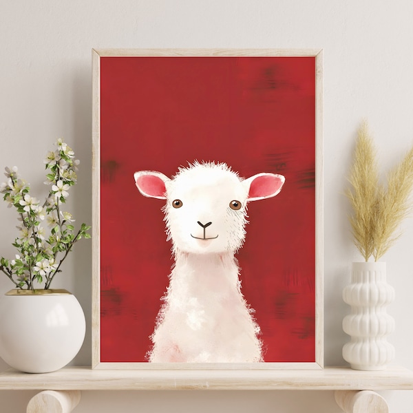 Cute Lamb Illustration Poster, Fluffy Sheep Nursery Wall Art, Red Background Printable, Digital Download, Farmhouse Decor, Kids Room Art