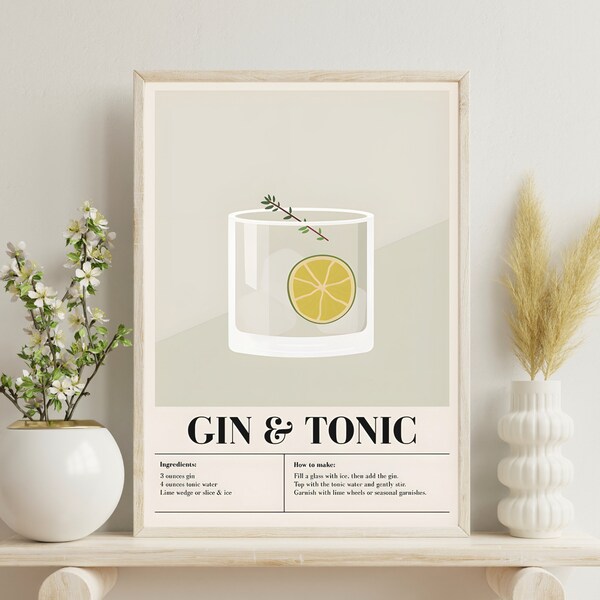 Gin Tonic Recipe Print | Minimalist Bar Art | Cocktail Wall Decor | Digital Download | Mixology Poster | Home Bar Sign | Happy Hour Art