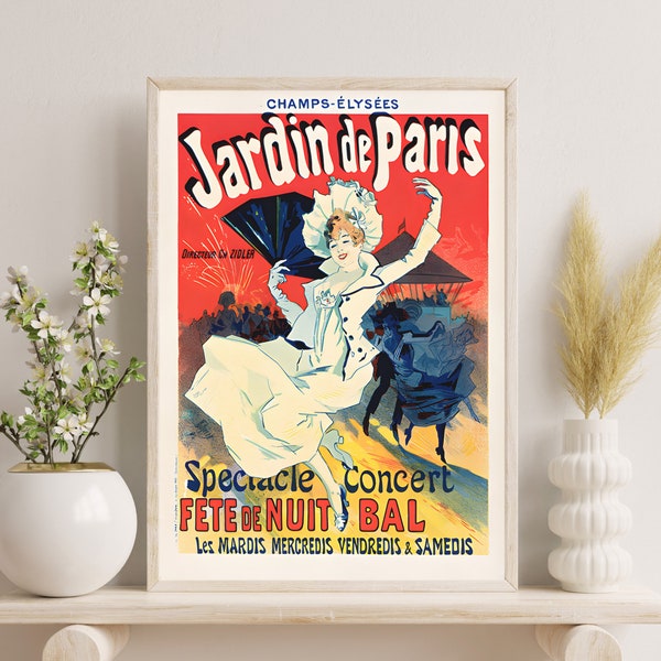 Red Jardin de Paris Concert Poster, Retro Paris Wall Art, French Music Decor, Digital Download, Vintage Parisian Print, Retro French