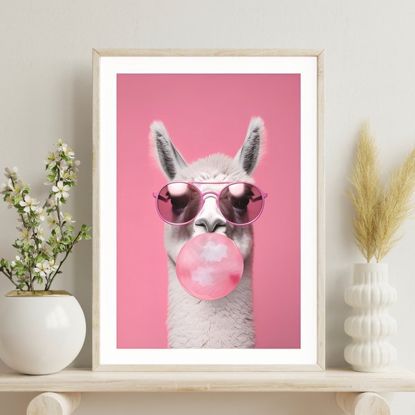 Pink Llama Altered Art, Lama Chewing Gum, Whimsical Animal Print, Funny Llama Poster, Digital Download, Pink Pop Art Lama Portrait