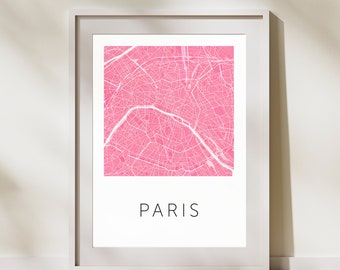 Mapa de París rosa imprimible / Decoración parisina preppy / Cartel de viaje de Francia / Decoración de dormitorio rosa / Descarga digital / Recuerdo de París de moda