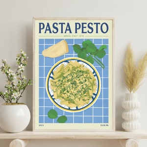 Impression de recette de pâtes au pesto | Décoration de cuisine italienne | Téléchargement numérique | Affiche de cuisine rustique | Décoration murale cuisine bleue | Cuisine imprimable