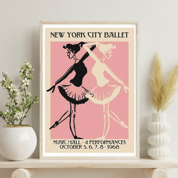 New York City Ballet Pink Vintage Poster | NYC Dance Wall Art | Ballerina Retro Printable | Soft Wall Print | Pink Digital Download