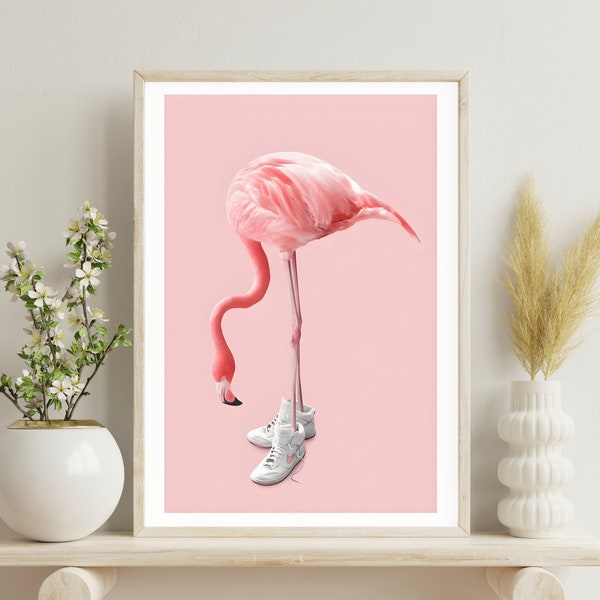 Flamingo Sneakers Wall Art Print | Pink Bird Digital Poster | Trendy Tropical Decor | Cute Animal Printable | Preppy Home Art