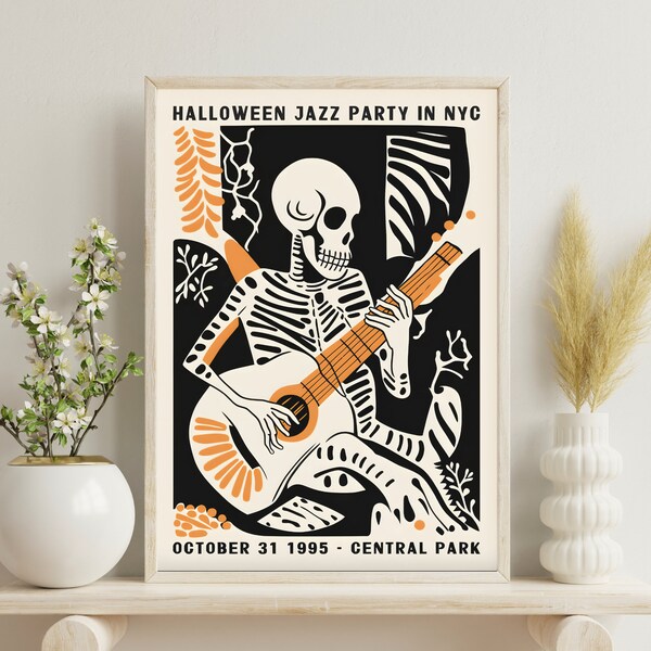 Halloween Jazz Party NYC Printable Poster | Cute Skeleton Illustration | Spooky Music Decor | Digital Download Wall Art | Jazz Art Print
