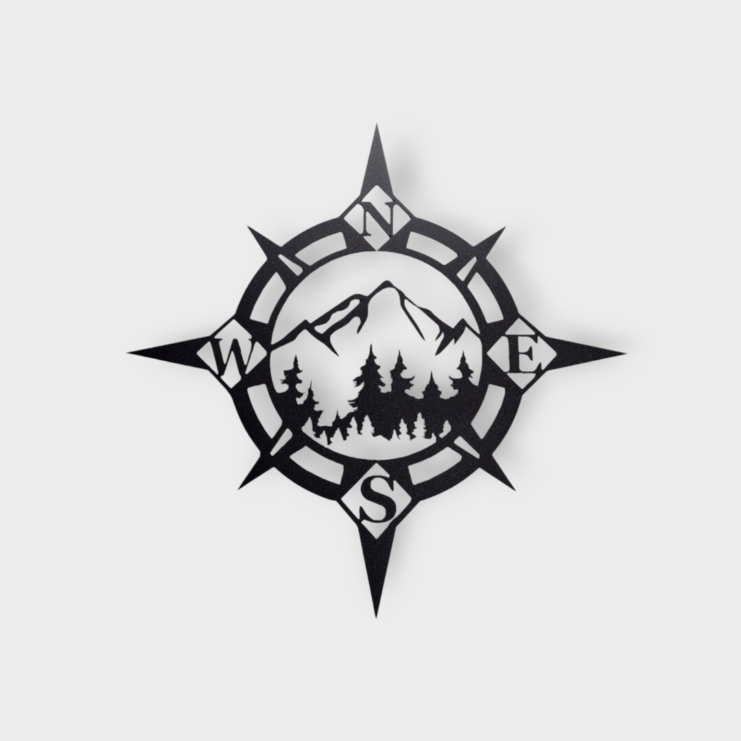 Mountain Scene Compass Rose Metal Sign Rustic Home Décor Adventure Wall