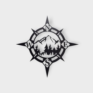 Mountain Scene Compass Rose Metal Sign | Rustic Home Décor | Adventure Wall Art