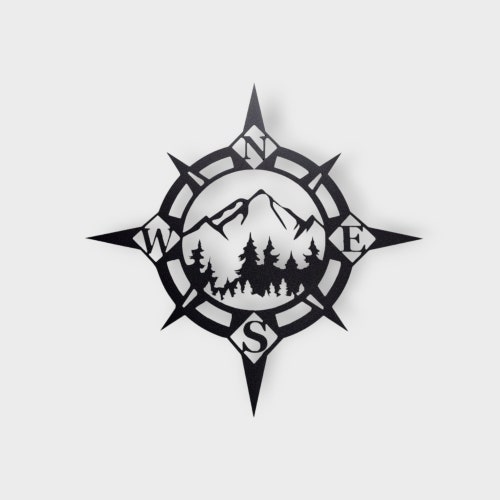 Mountain Scene Compass Rose Metal Sign | Rustic Home Décor | Adventure Wall Art