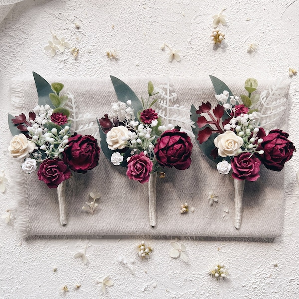 Wedding boutonniere, Burgundy boutonniere, Rustic boutonniere, Boutonniere for men, Winter wedding, Groomsman boutonniere, Groom boutonniere