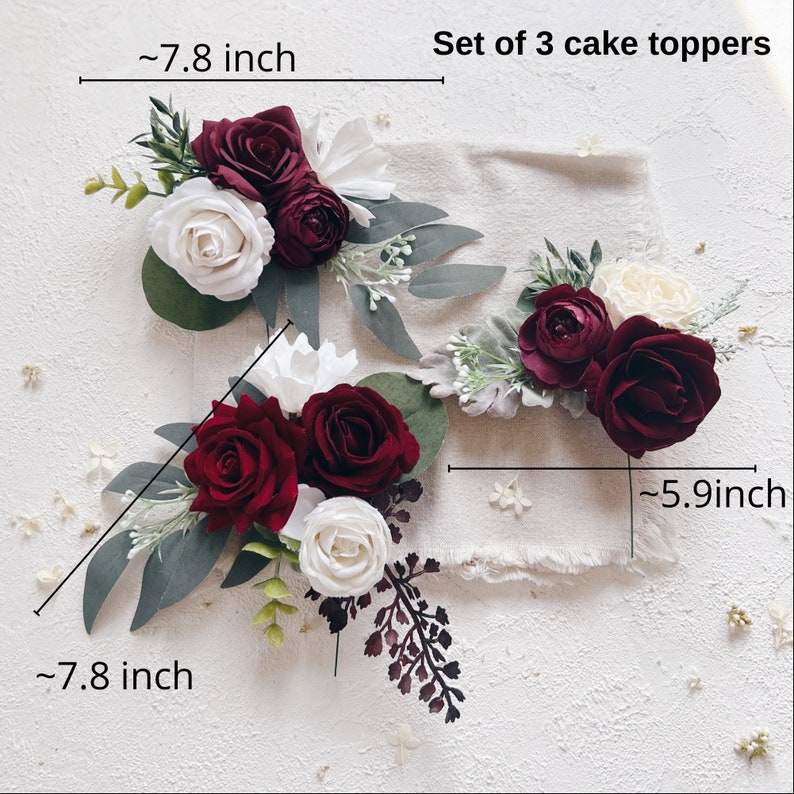 Wedding Cake Toppers With Flowers Set of 3 Burgundy Cake Etsy