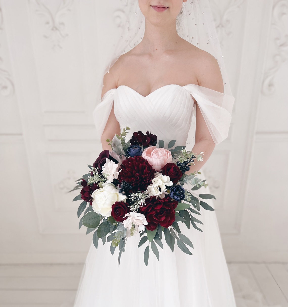 Wedding bouquet Burgundy Bridal bouquet Navy wedding image 1