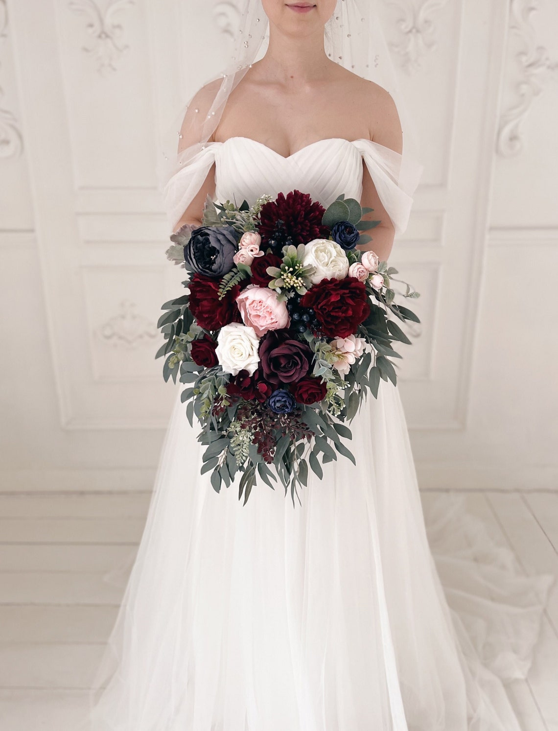 Cascade wedding bouquet Burgundy cascade bouquet Navy image 1