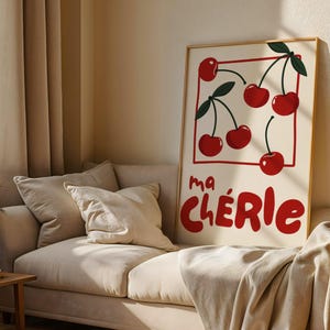 Ma Chérie Poster | French Typography Wall Art, Printable Decor, Retro Fruit Art Print, Modern Cherry Wall Art, Aesthetic Digital Download