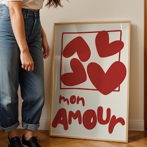 Mon Amour Poster, French Love Wall Art, Romantic Printable Decor, Red Heart Modern Print, Cute Couple Gift, Minimal Digital Download