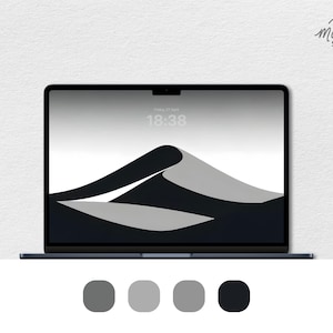 Könnte beinhalten: Ein Laptop-Bildschirm zeigt ein abstraktes Schwarzweiß-Design eines Berges mit einer digitalen Uhr, die 18:38 anzeigt. Der Bildschirm ist von einem dünnen schwarzen Rahmen umgeben. Der Laptop steht auf einer weißen Oberfläche. Unter dem Laptop befinden sich fünf Farbmuster: Dunkelgrau, Hellgrau, Mittelgrau, Hellgrau und Schwarz.