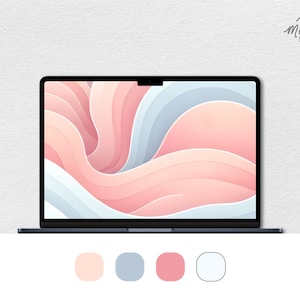 May include: A laptop displays a pastel abstract wallpaper with flowing shapes in pink, white, and blue. The laptop is black, and the image includes a color palette with pink, blue, and white swatches. The text "minimall scape" is visible.