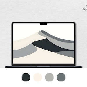 May include: A laptop computer screen displaying a minimalist abstract design of a white sand dune with gray and black shadows. The laptop is on a white surface with a color palette of black, white, gray, and dark gray.