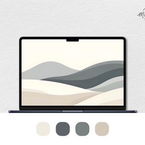 Könnte beinhalten: Ein Laptop-Computer, auf dem ein minimalistischer digitaler Kunstdruck mit einer Landschaft aus beigen und grauen Hügeln zu sehen ist. Das Bild ist vor einem weißen Hintergrund platziert. Die Farbpalette umfasst Beige, Grau und Weiß.