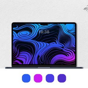 May include: A laptop computer with a blue and purple abstract design on the screen. The time 18:38 is displayed on the screen. The laptop is sitting on a white surface. A color palette of blue, purple, and pink is shown below the laptop.