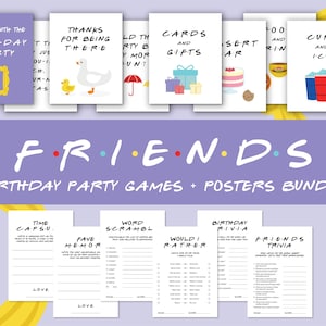 Jogo de festa de aniversário com tema de amigos e decoração de pôsteres para impressão, 14 cartões para download instantâneo