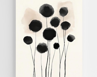 Linen Ink Botanical Wall Art Print, Modern Black Abstract Floral Stems, Minimalist Scandinavian Decor, Neutral Printable Artwork